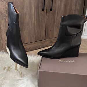 Franco Sarto Black Leather Pointed Wedge Ankle Boots